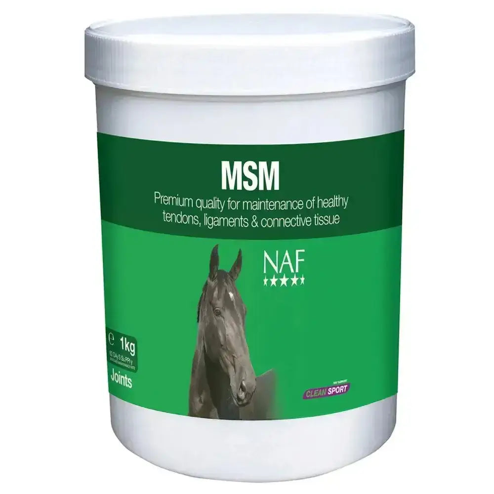White plastic container with green label of naf msm pure 1kg supplement for equine joint health msm pure horse care