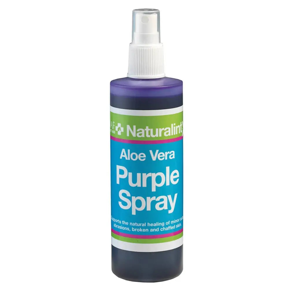 A naturalintx aloe vera purple spray in a clear plastic bottle with white pump nozzle and label