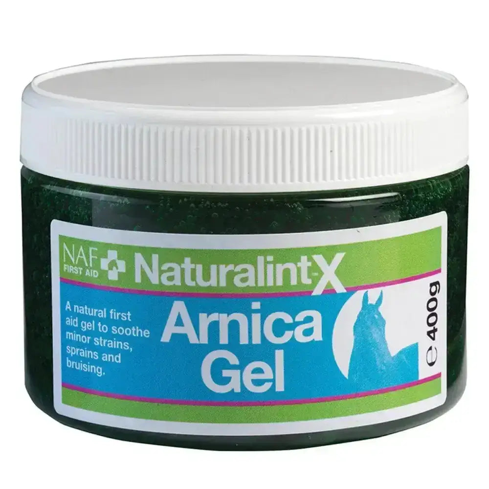 A dark green 400g jar of naf naturalintx arnica gel with a colorful label to soothe minor strains