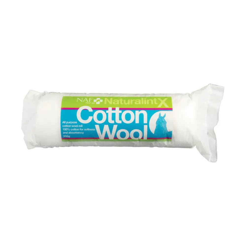 A roll of super soft white cotton wool in clear packaging with colorful naturalintx cotton wool label naf naturalintx cotton