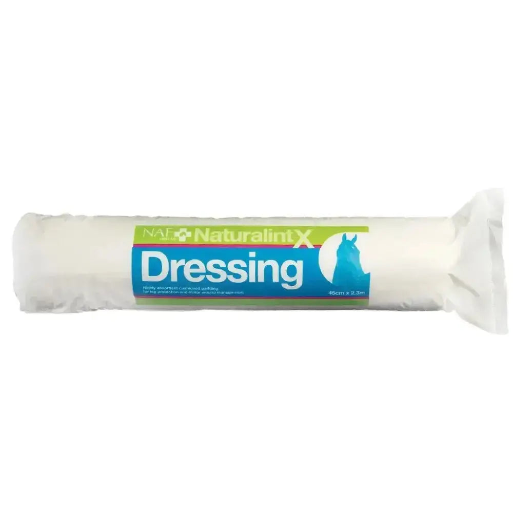 White roll of cushioned naf naturalintx dressing wrapped in clear plastic with blue green label and horse silhouette