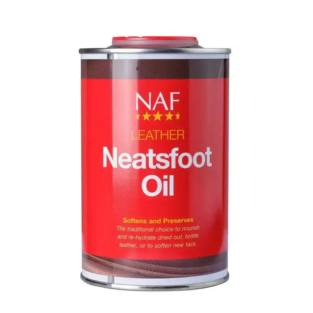Red can of naf neatsfoot oil with silver lid used as leather oil for softening and preserving leather products