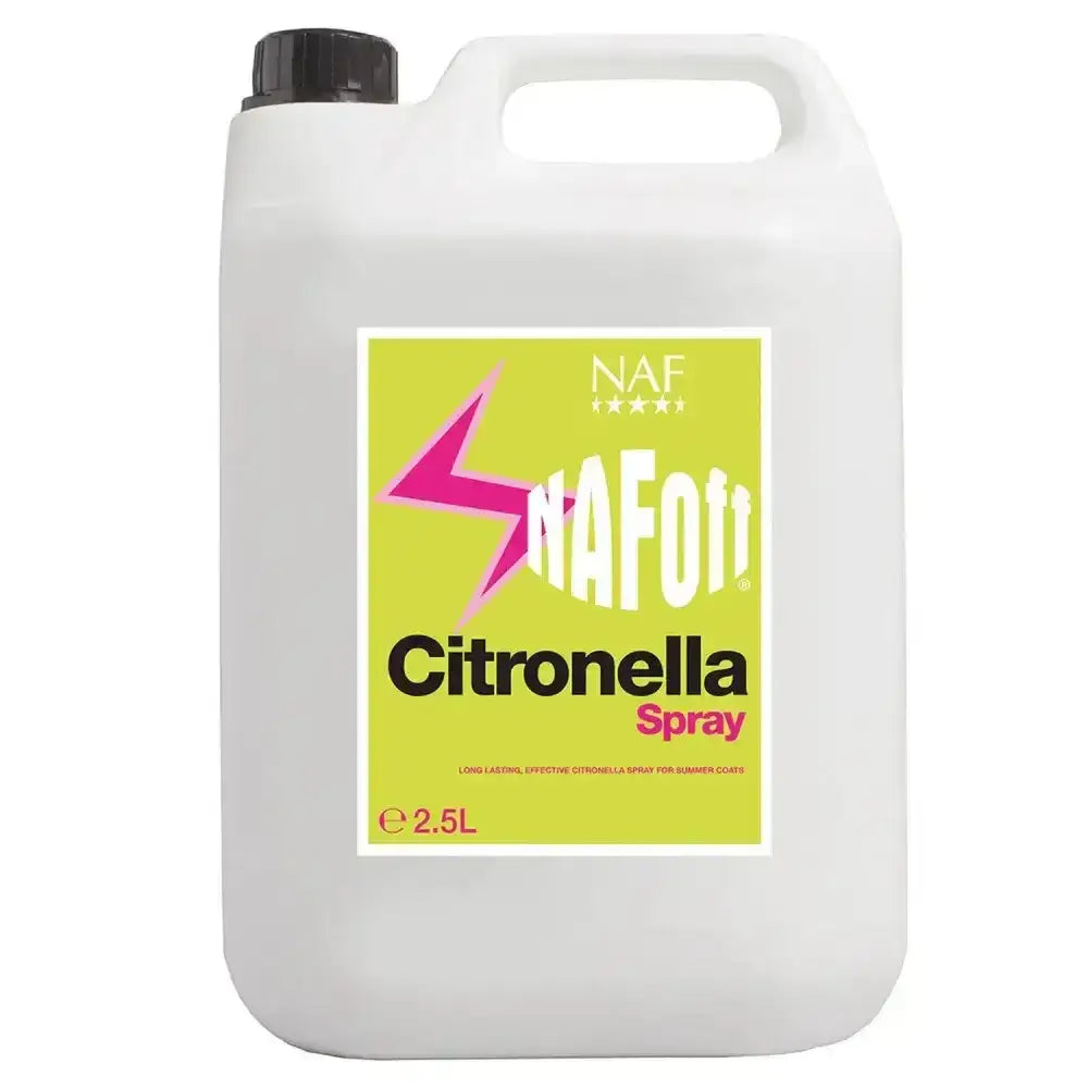 White plastic jug with black cap and lime green label of naf citronella spray for horse fly masks and fly spray naf use