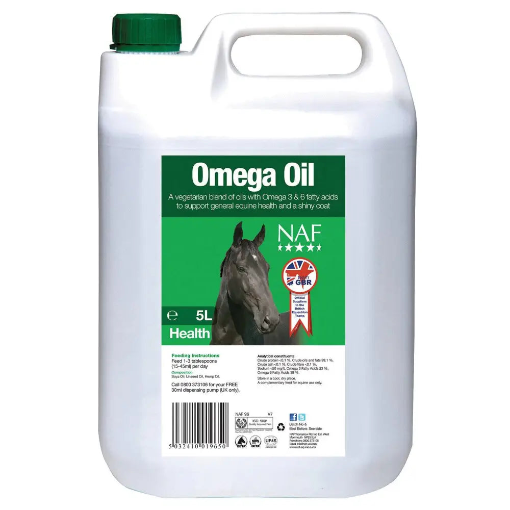 White plastic jug with green cap and label showing a black horse for naf omega oil slow release energy supplement