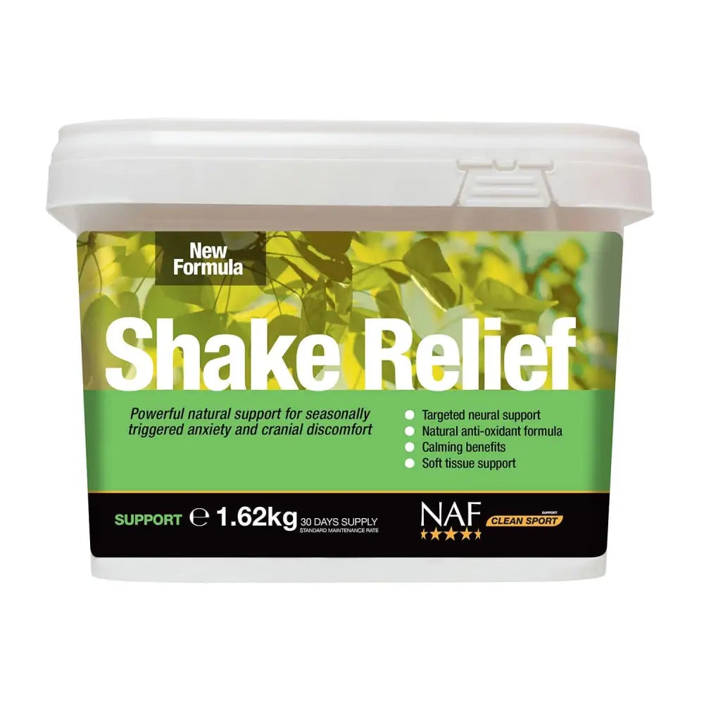 A white plastic tub with a green and black label featuring naf shake relief for seasonal anxiety and shake relief offers