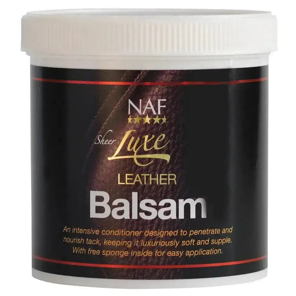 Naf sheer luxe luxe leather balsam in a white jar with black label gold and red accents intensive conditioner designed