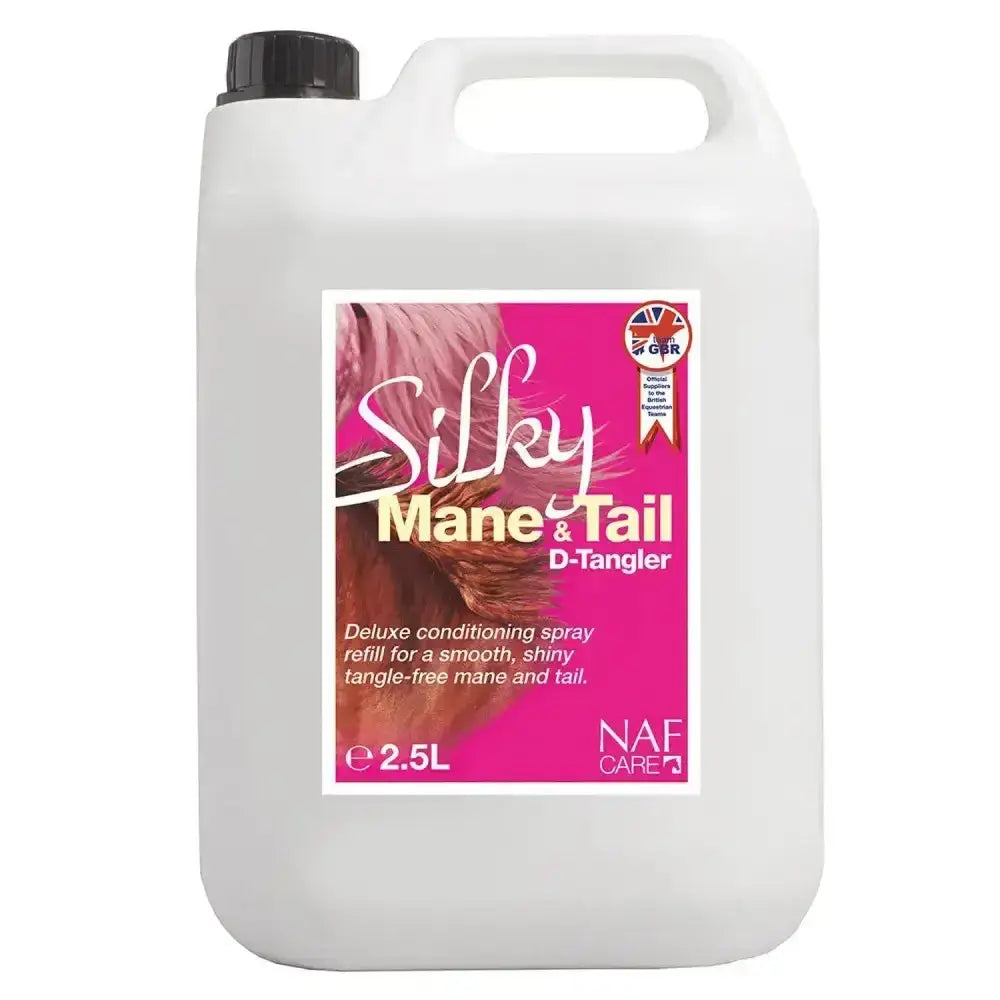 White plastic jug with black cap labeled naf silky mane & tail deluxe conditioning spray for shiny tangle free finish