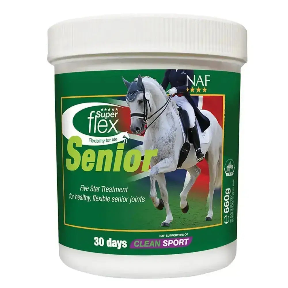 Green and white labeled container of naf superflex senior joint supplement providing key joint support nutrients for horses