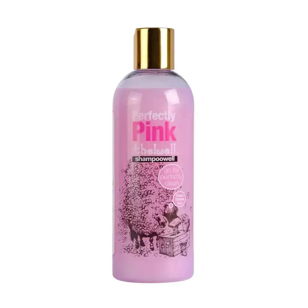 Pink perfectly pink shampoo bottle by naf thelwell with gold cap and illustrated thelwell ponies label for notoriously dirty hair