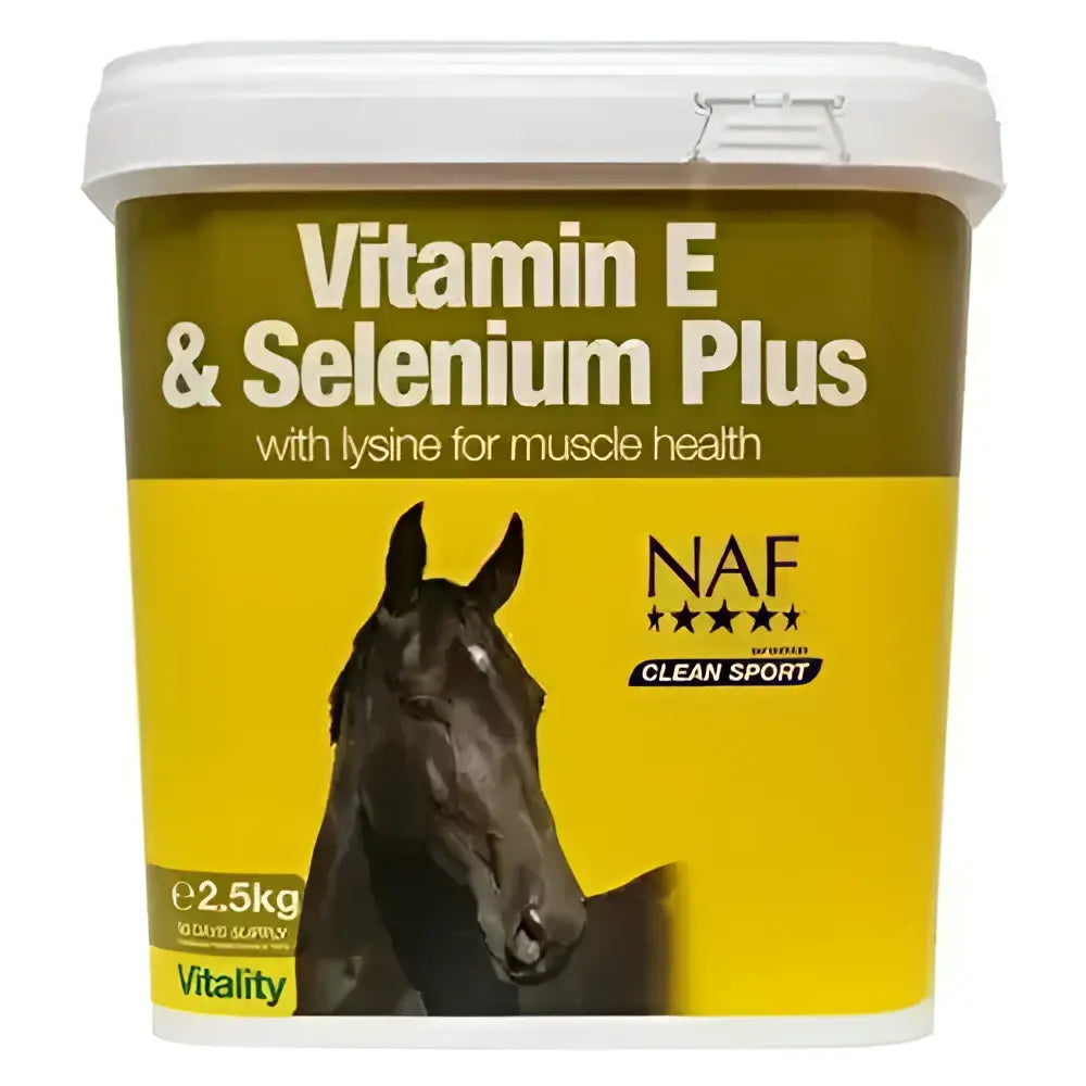 Yellow and green container of naf vitamin e and selenium plus supplement for performance horse with black horse label supports muscle function