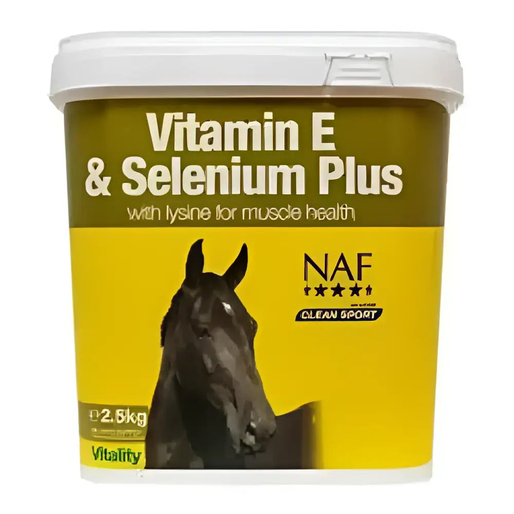 Yellow and green container of naf vitamin e and selenium plus horse supplement supports muscle function for performance horse