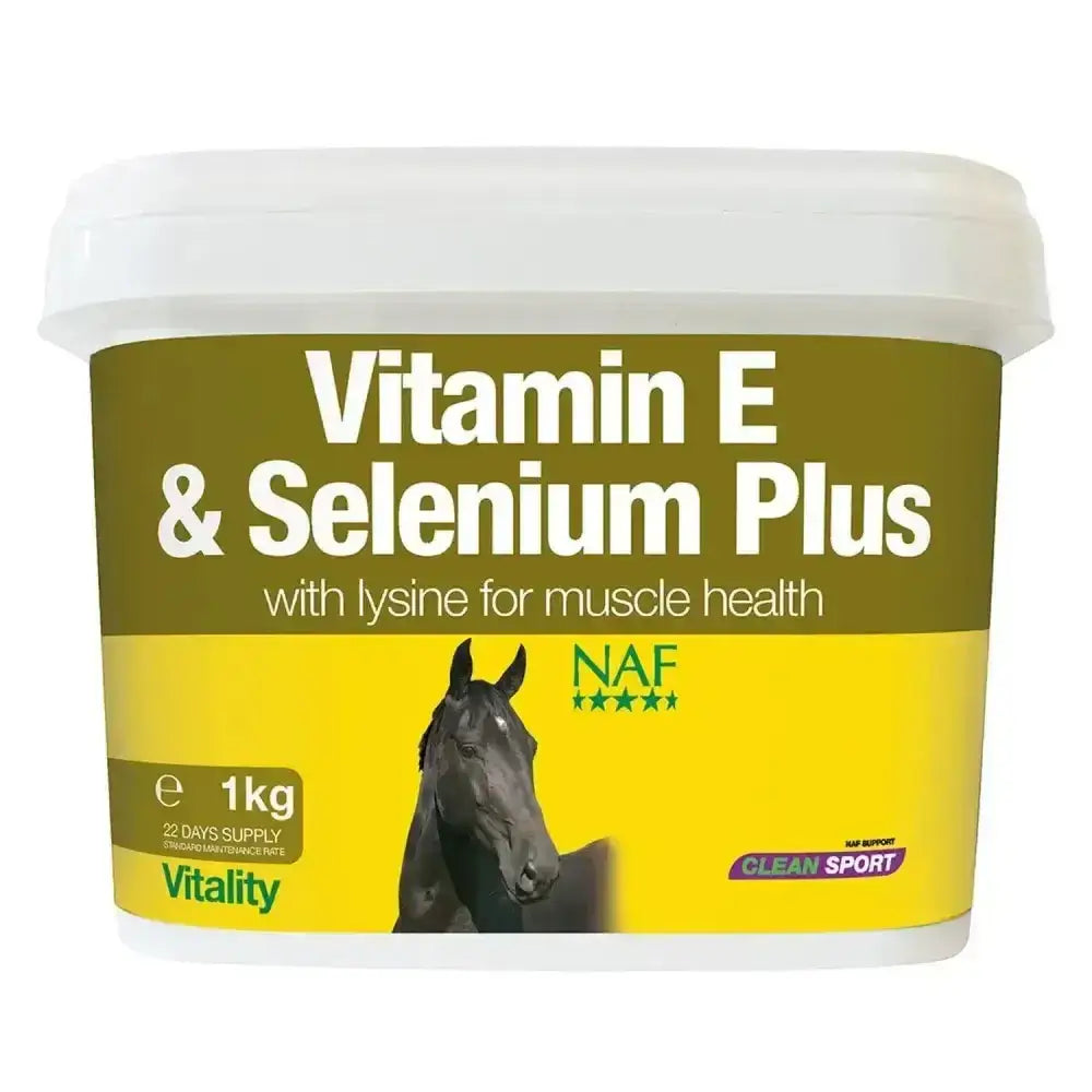 White plastic tub of naf vitamin e and selenium plus horse supplement with yellow olive green label supports muscle function