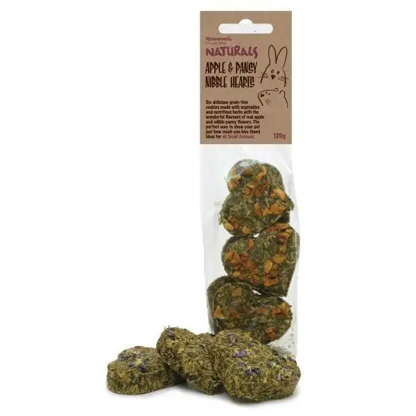 Green heart-shaped nibble hearts 8x120g rabbit treats in clear plastic bag with brown cardboard header packaging