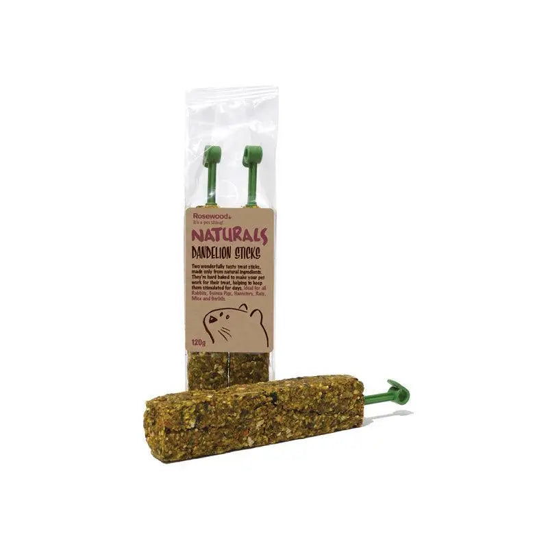 A brown textured naturals dandelion stick treat with a green plastic handle from naturals dandelion sticks x8 pack