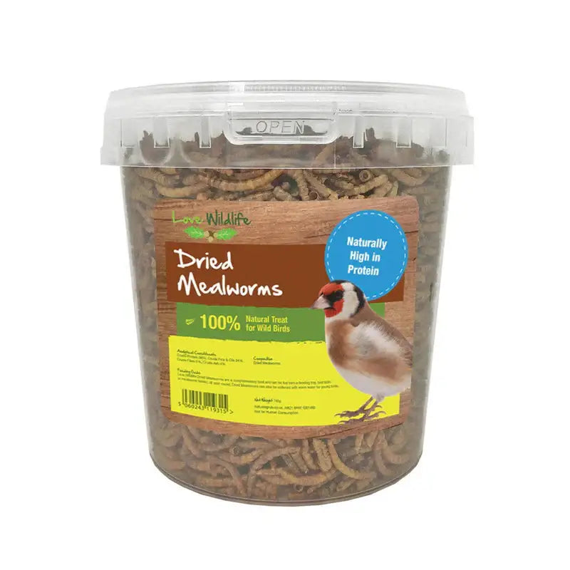 Clear plastic container of brown dried mealworms labeled love wildlife for wild bird food nature’s grub dried mealworms