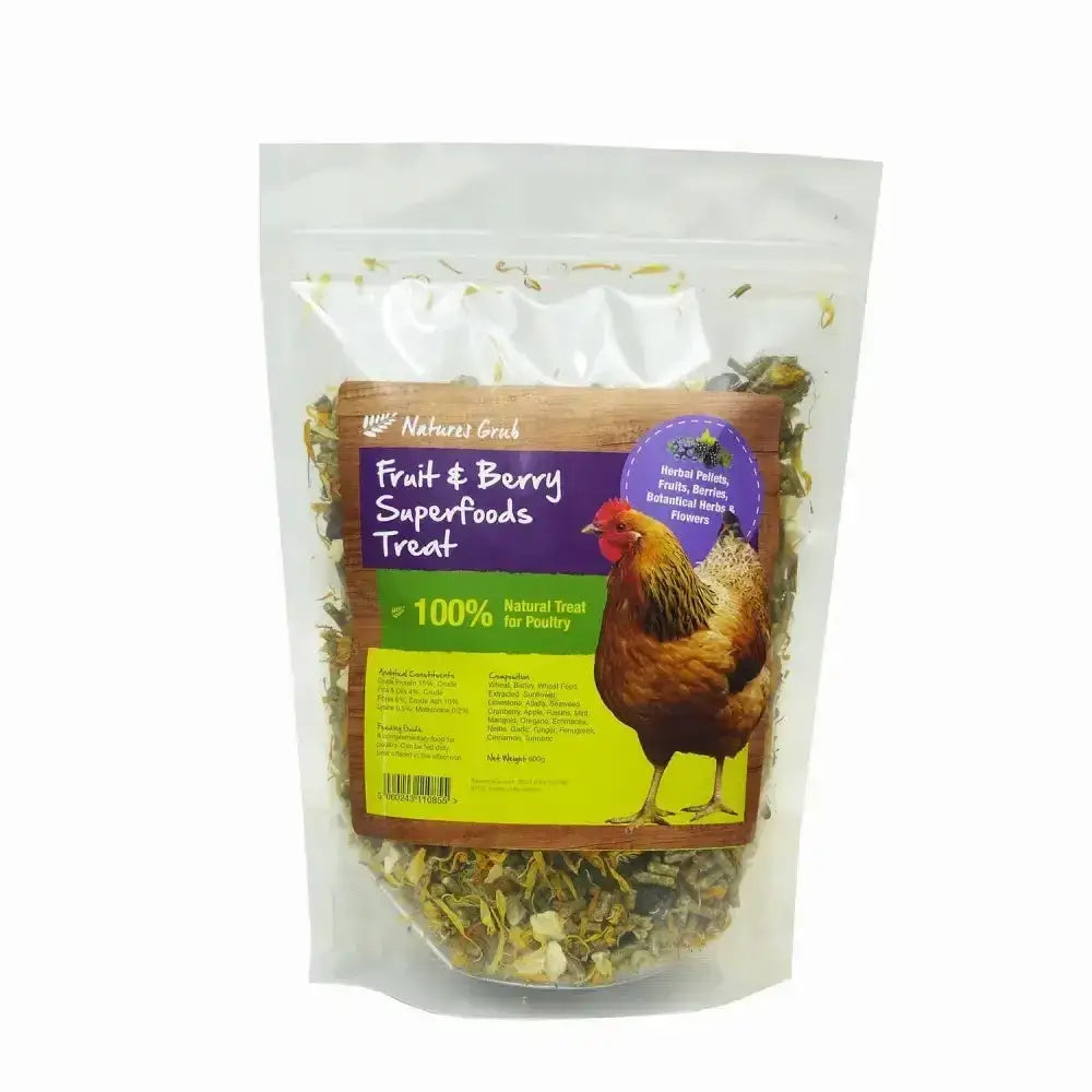 A clear plastic bag of dried green and brown natures grub fruit berry superfoods treat for health boosting poultry snacks