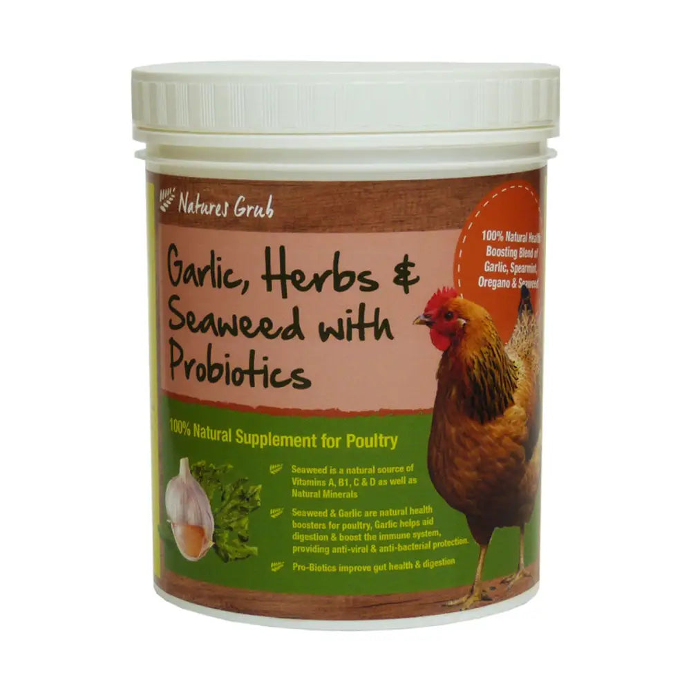 A brown and green container of natures grub garlic herb and seaweed probiotics supplement for poultry feed