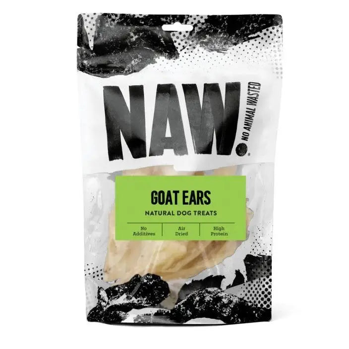 A bag of naw goat ears natural dog treats with black and white dots lime green label no additives air dried high protein