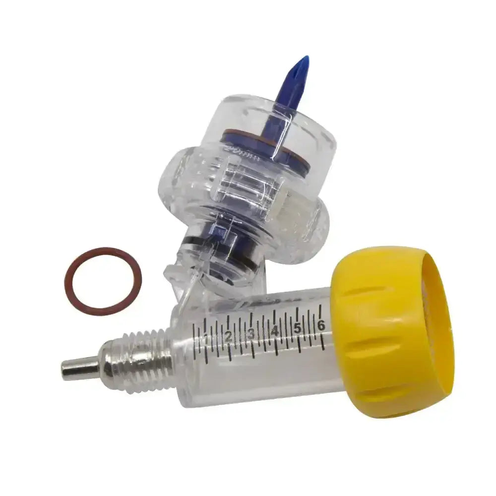Clear plastic neogen barrel with o-ring adjustable collar features yellow cap blue needle tip and metal threaded end for collar replacement barrel