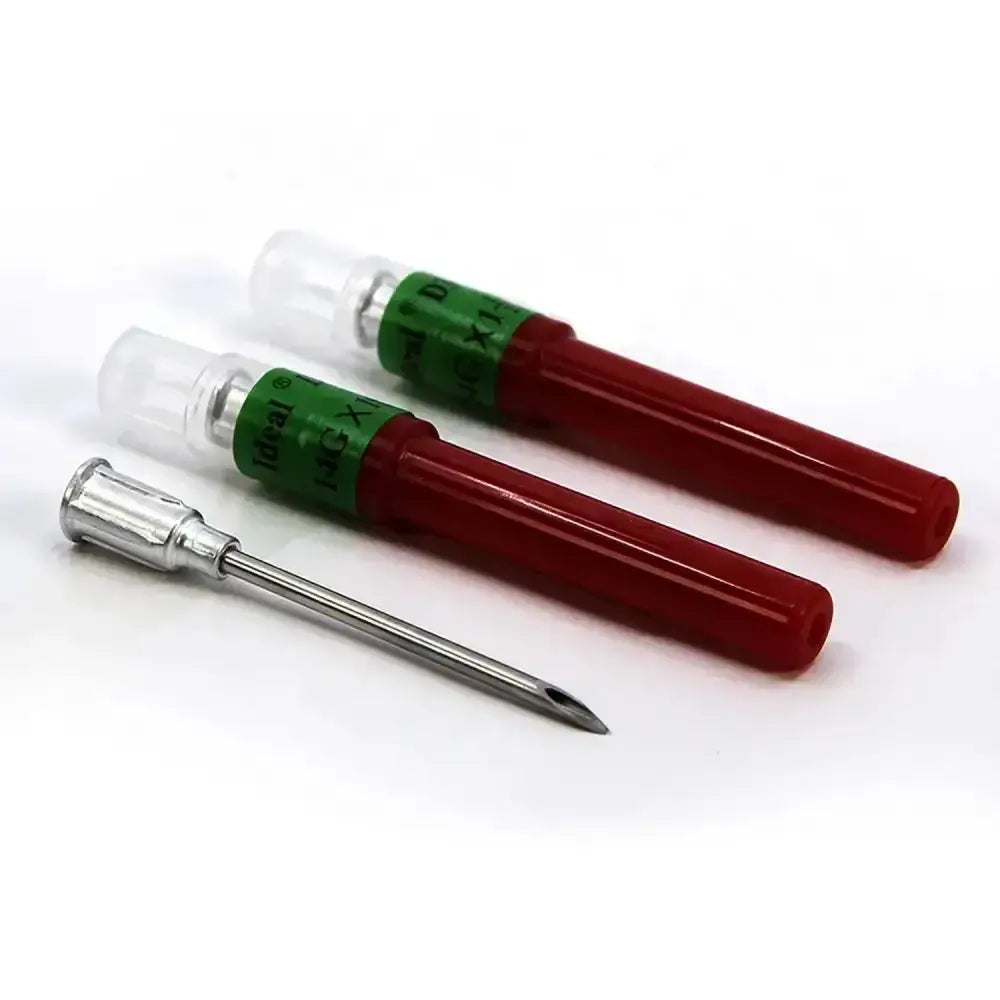 Red plastic neogen d3 detectable blood collection needles with green labeled plated brass hubs reduce breakage six-fold