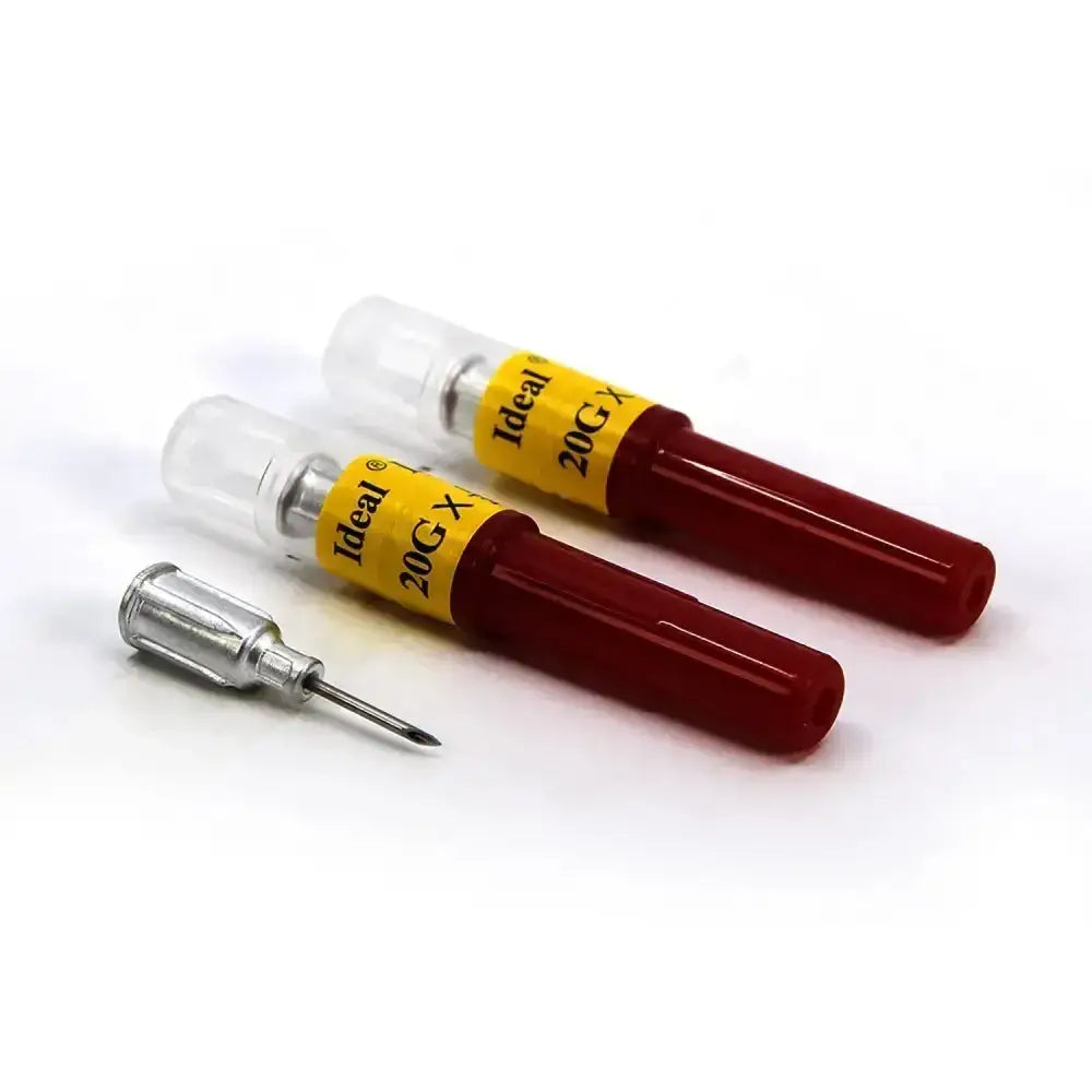 Red plastic neogen d3 detectable 20g blood collection needles with yellow labels clear caps and plated brass hubs reduce breakage six-fold