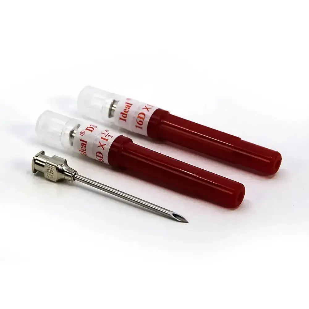 Red plastic-capped 16g neogen d3 detectable blood collection needles with plated brass hubs to reduce breakage six-fold