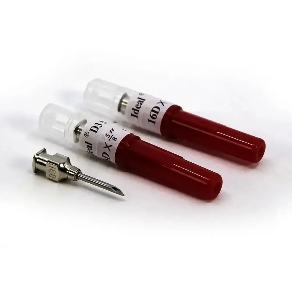 Red plastic-capped neogen d3 detectable blood collection needles with plated brass hubs to reduce breakage six-fold