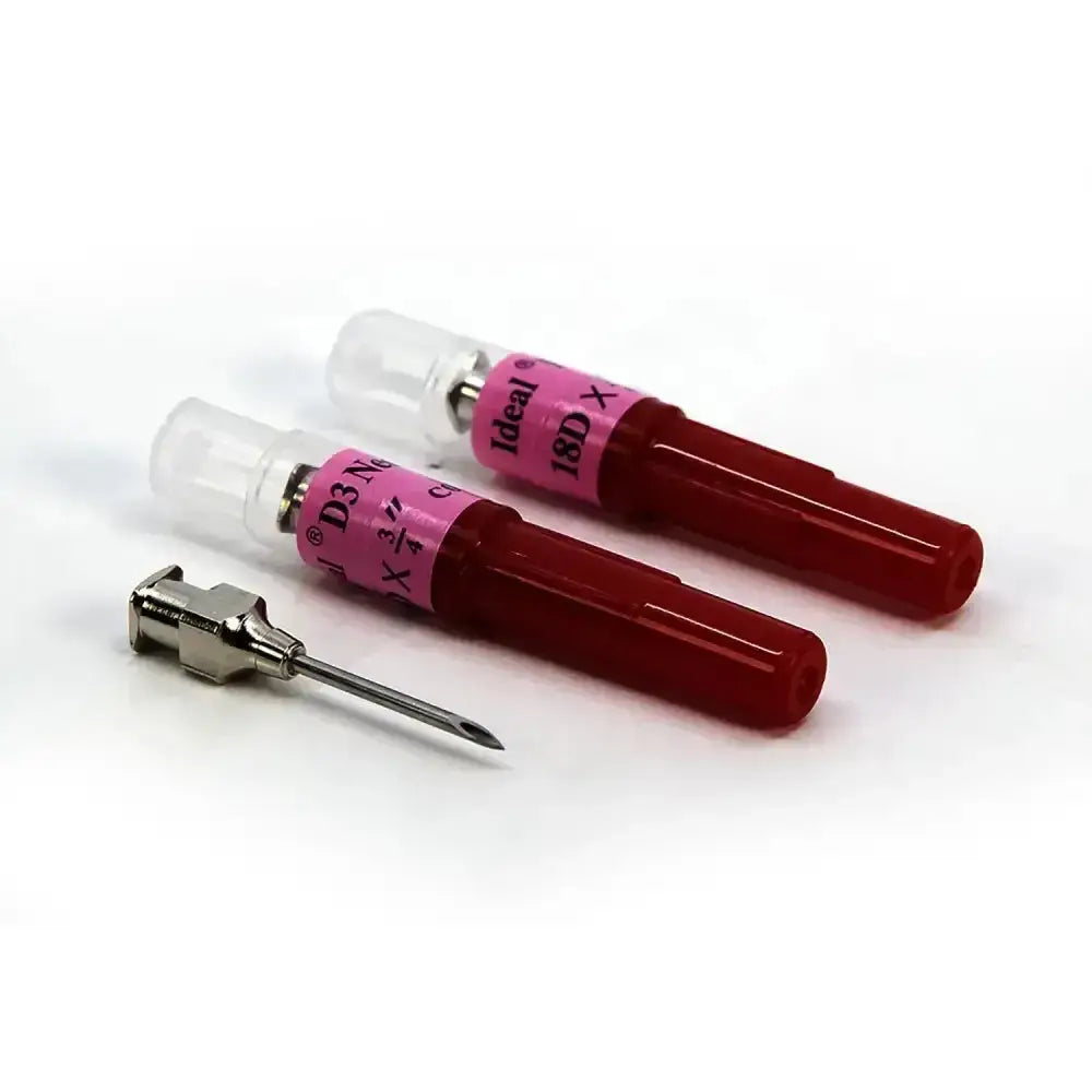 Red plastic neogen d3 detectable blood collection needles with pink labels and plated brass hubs to reduce breakage six-fold