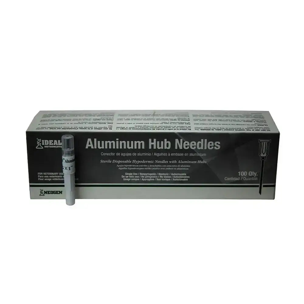 Black and white box of neogen disposable aluminium hub needles 16g 100 count for large animal administration
