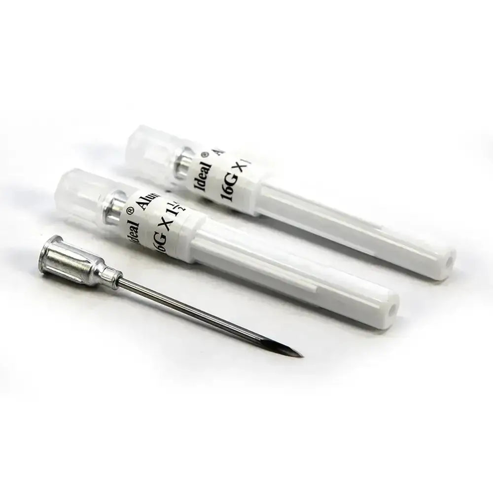 Three white capped neogen disposable needles 16g with aluminium hub needles for large animal administration