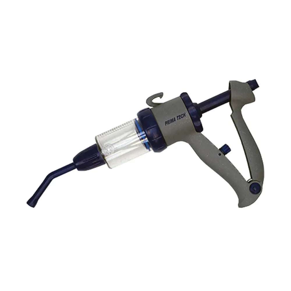 Gray and black neogen syringe pour-on adjustable with clear ml barrel and 8 mm hose barb for precise dosage increments