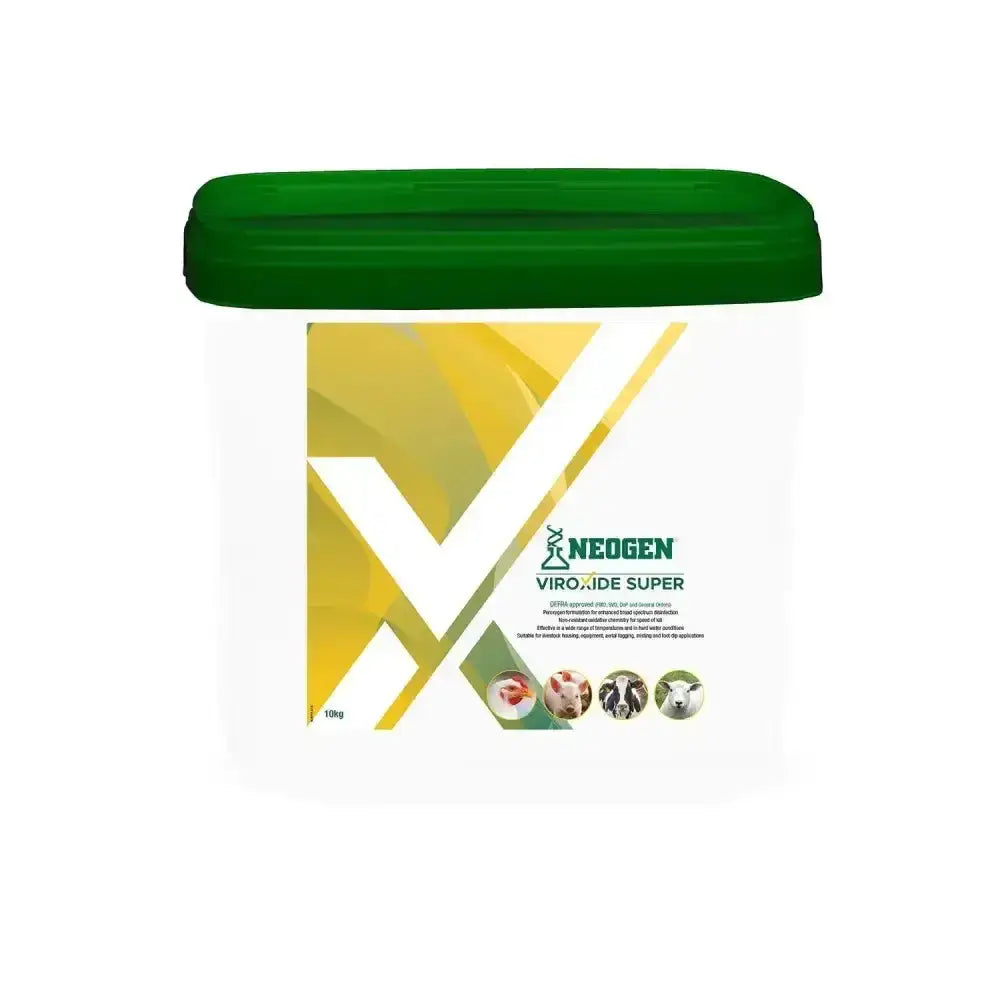 White plastic bucket with green lid and yellow green design labeled neogen viroxide super broad-spectrum powder disinfectant