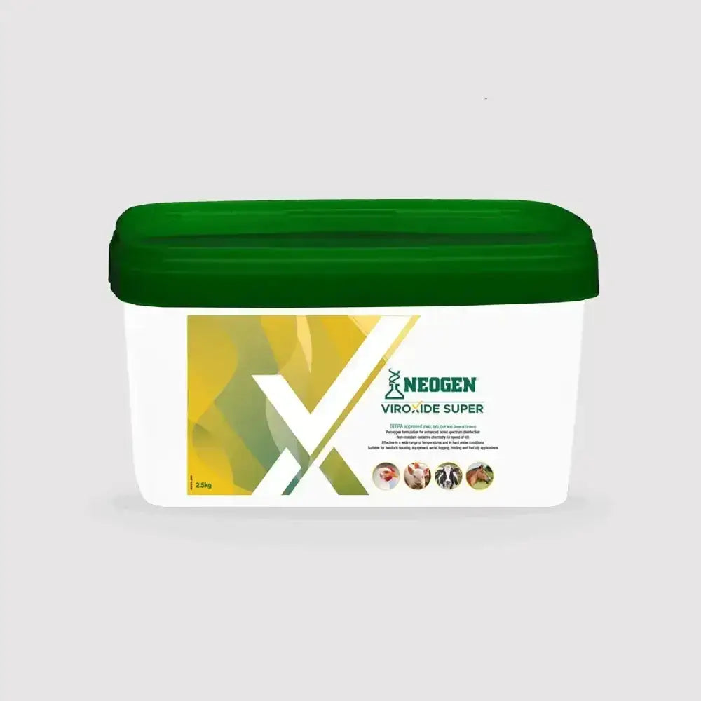 White plastic container with green lid and yellow-green design labeled neogen viroxide super broad-spectrum powder disinfectant