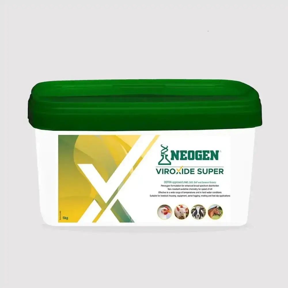White rectangular container with green lid of neogen viroxide super broad-spectrum powder disinfectant for livestock health