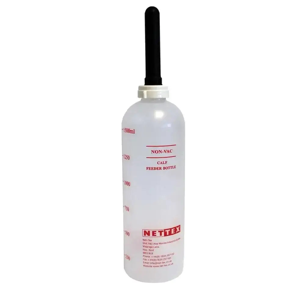Clear ridged polycarbonate nettex agri calf feeder bottle with black nozzle and red measurement markings for feeding