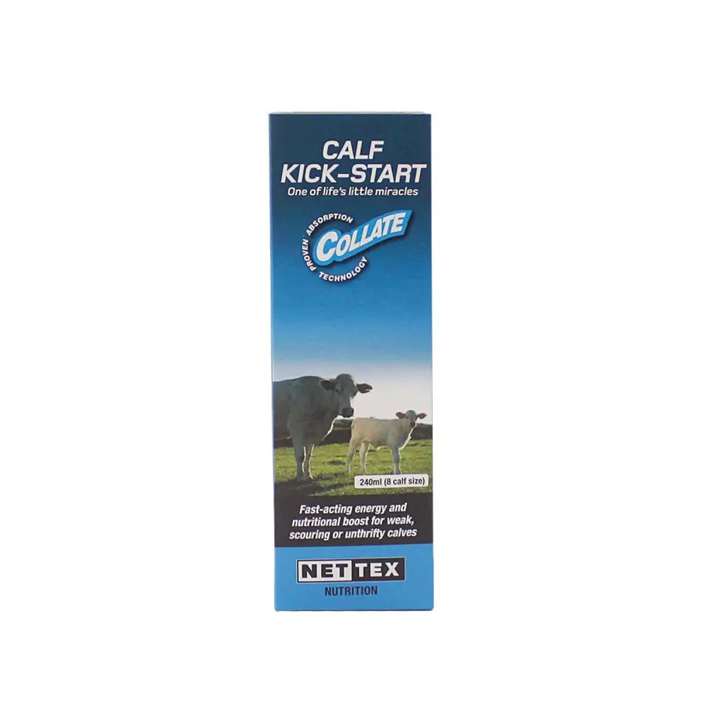 Blue rectangular box of nettex agri calf kick-start liquid supplement for unthrifty calves with cow and calf image