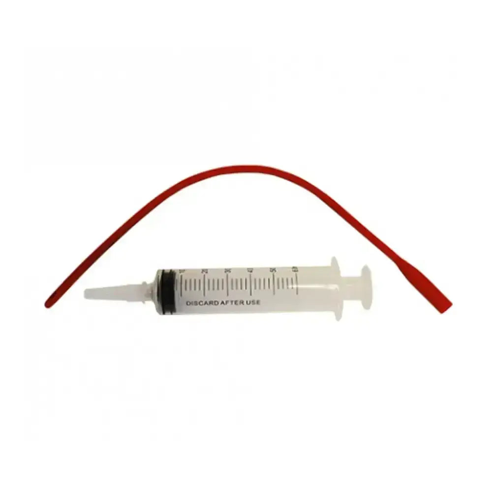 Clear plastic syringe with black plunger and red latex tube from nettex agri colostrum feeder with syringe latex tube