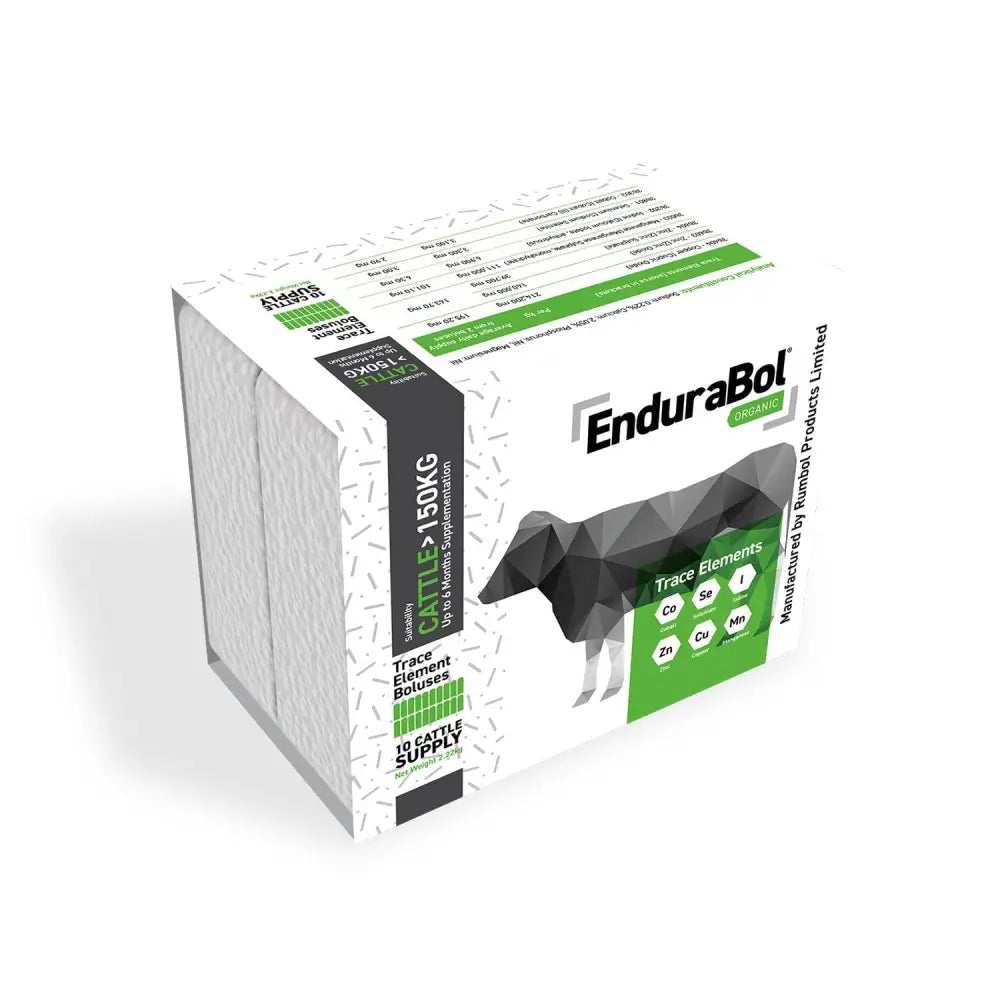 White and green cardboard box of nettex agri endurabol organic endurabol boluses with black geometric cow design