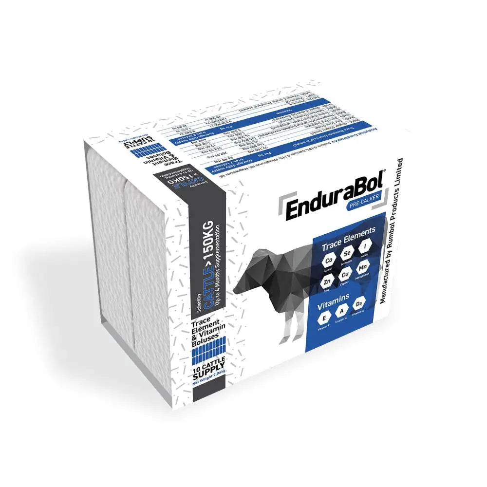 White and blue cardboard box of nettex agri endurabol pre-calver trace element with single point erosion technology for cattle under 150kg