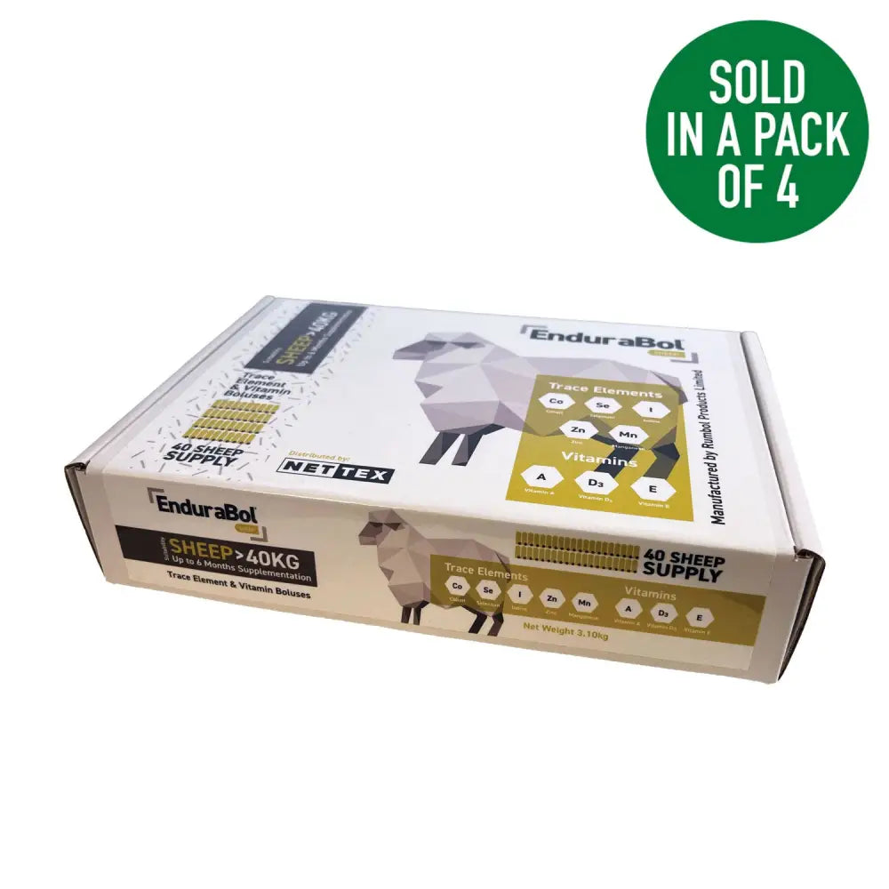 White cardboard box featuring geometric sheep design and gold accents labeled endurabol sheep bolus by nettex agri