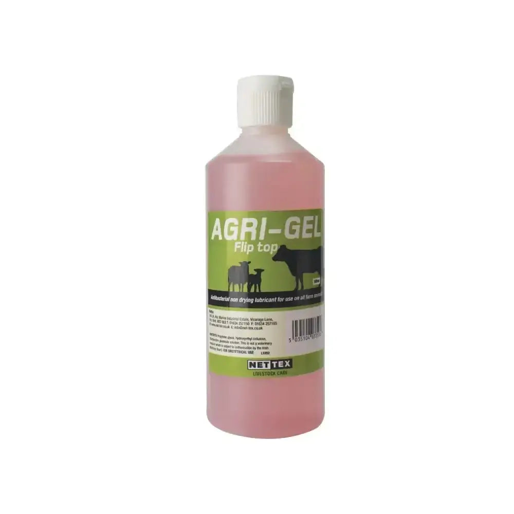 Pink liquid-filled nettex agri agri-gel bottle with white flip cap and green label featuring black cow silhouettes