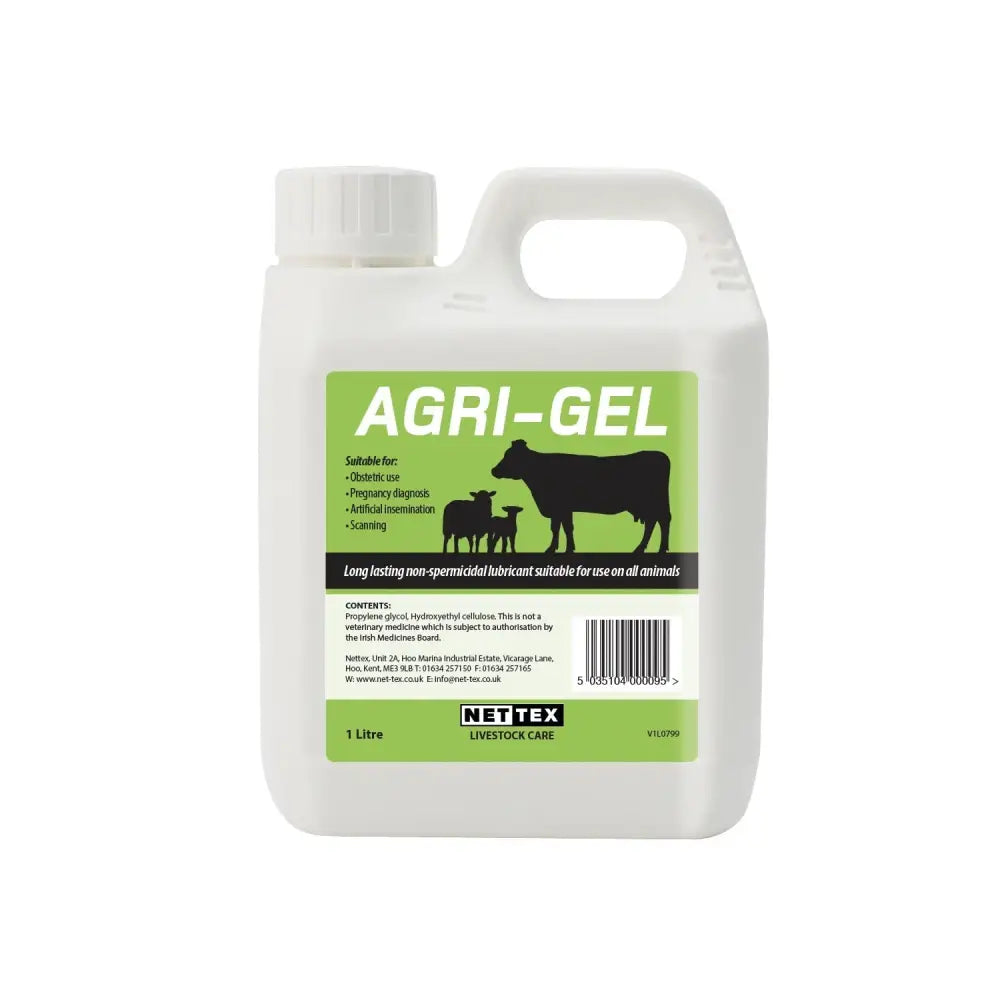 White plastic bottle of nettex agri agri-gel long lasting lubricating gel for livestock care non-spermicidal lubricant