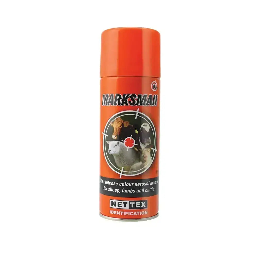 Orange aerosol can of nettex agri marksman reliable sheep marking spray for british wool marketing by marksman brand