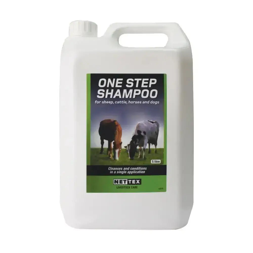 White plastic jug of nettex agri one step animal shampoo low foaming for sheep cattle horses and dogs