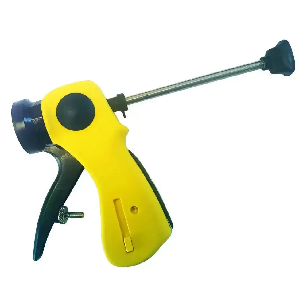 Yellow and black handheld nettex agri pig stimulife cartridge gun with metallic nozzle and adjustable barrel for pig health
