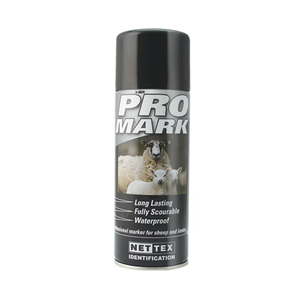 Black aerosol can of Nettex Agri Promark fully scourable professional marker for sheep and lamb identification