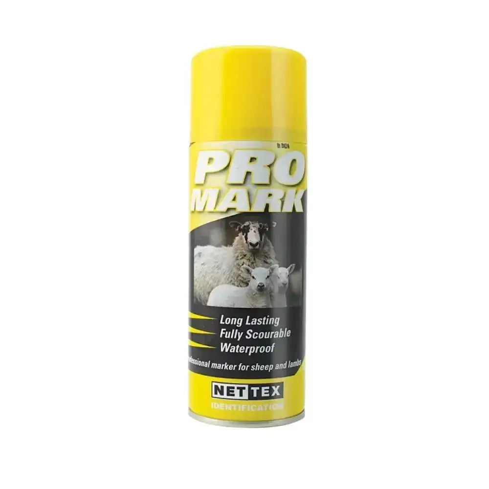 Yellow aerosol can of nettex agri promark fully scourable professional marker spray for sheep and lamb marking
