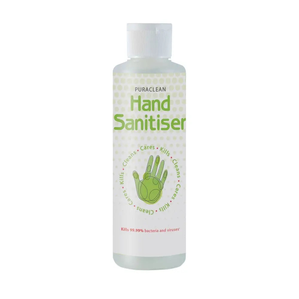 Clear plastic bottle of nettex agri puraclean alcohol-based sanitising hand rub with white cap and green label