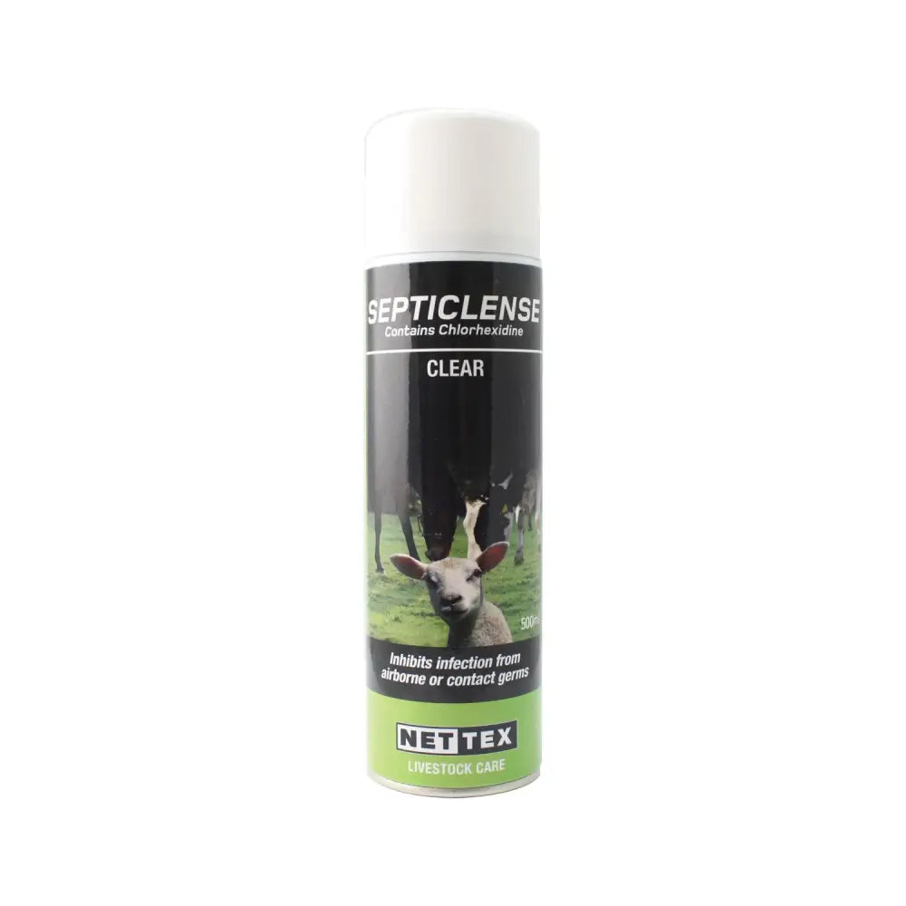 Clear nettex agri septiclense spray can with black green label for advanced antibacterial barrier wound spray on livestock
