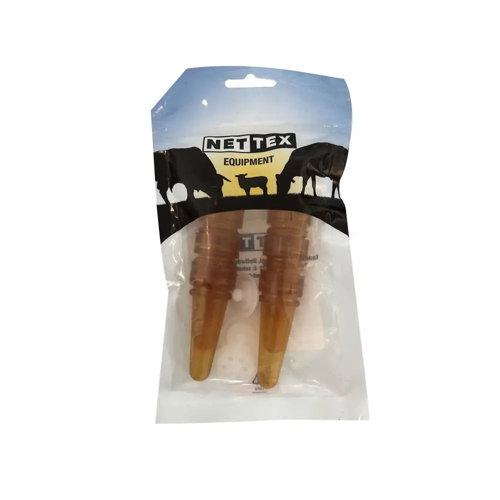 Two amber translucent plastic cattle nose rings in nettex agri spare valve assembly for lamb feeder bucket package